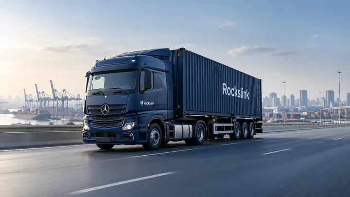 Rockslink truck carrying a container on the coast road near the port