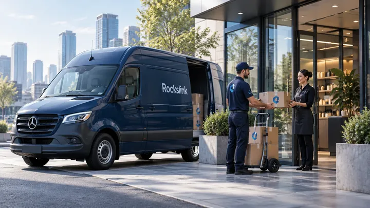 Rockslink courier handing a parcel to a shop owner