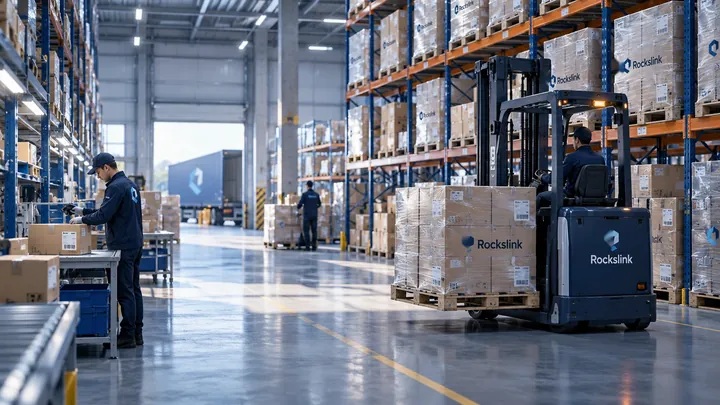 Forklift moving pallets in a Rockslink warehouse